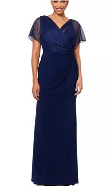 Betsy & Adam Blue Evening Gown Draped V-Neck Short Sleeve Column Dress Size 6